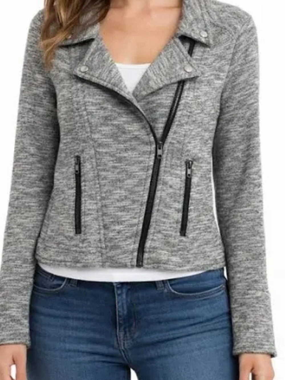Womens Heather Dark Grey Moto Knit Jacket